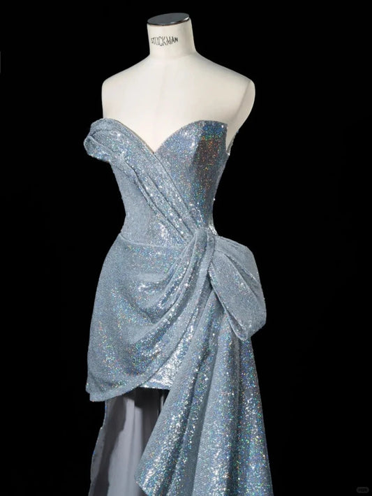 Elegant Silver Sweetheart Neck A-Line Sequins Long Prom Dresses Formal Evening Gowns  RF0593