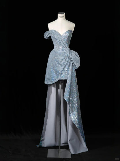 Elegant Silver Sweetheart Neck A-Line Sequins Long Prom Dresses Formal Evening Gowns  RF0593