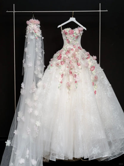 Sweet White 3D Applique Strapless A-Line Tulle Train Wedding Dress  RF0595