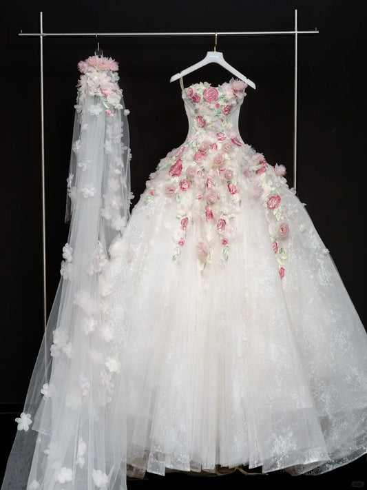 Sweet White 3D Applique Strapless A-Line Tulle Train Wedding Dress  RF0595