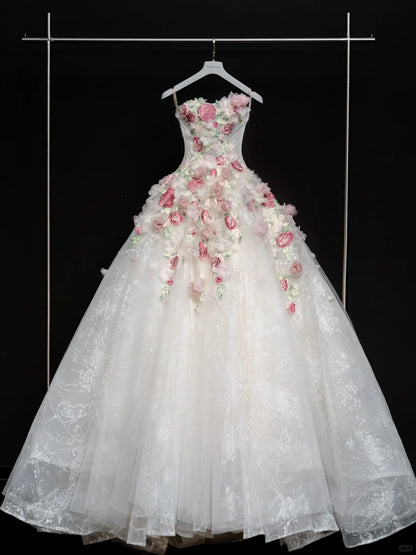 Sweet White 3D Applique Strapless A-Line Tulle Train Wedding Dress  RF0595