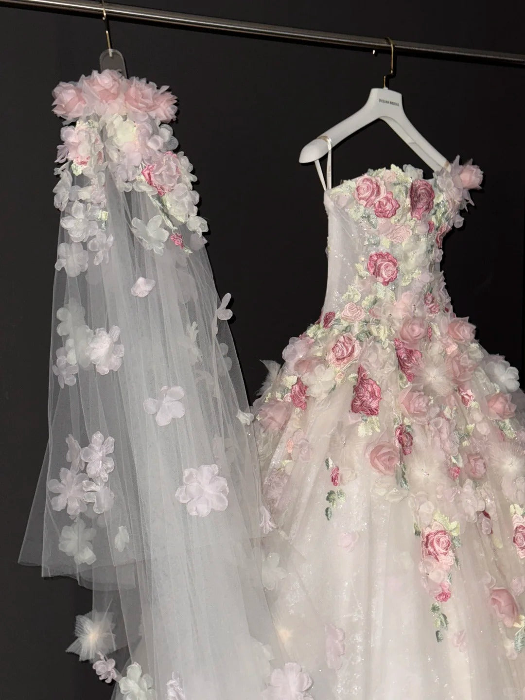 Sweet White 3D Applique Strapless A-Line Tulle Train Wedding Dress  RF0595