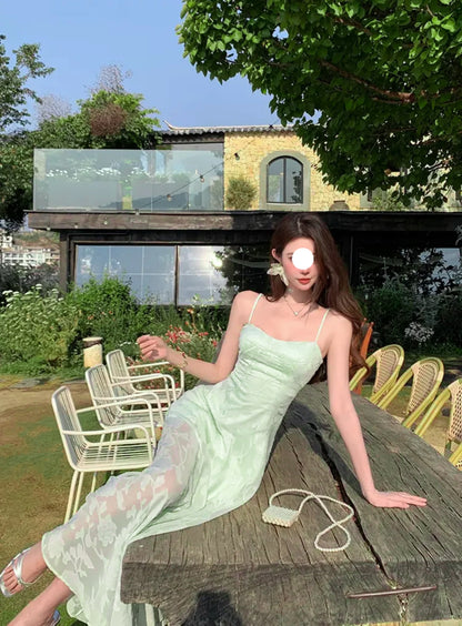 Gorgeous Green Spaghetti Strap Chiffon Summer A-Line Dress RF0596