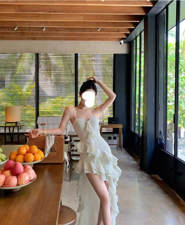 French Spaghetti Straps Apricot Chiffon Fashion Ruffle Dress RF0597