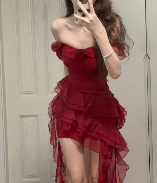 Fashionable Red Chiffon Square Neck Ruffle Summer Holiday Dress RF0599