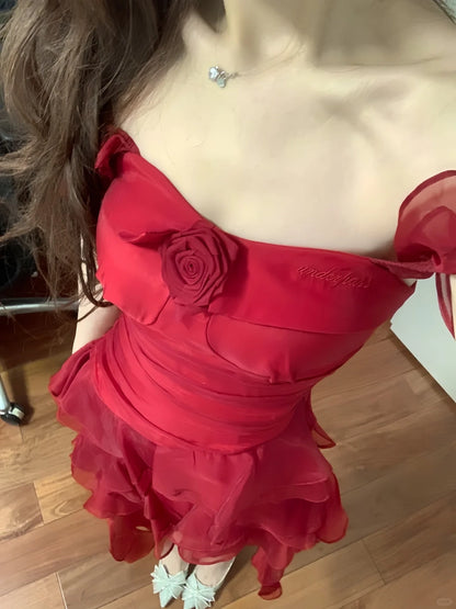 Fashionable Red Chiffon Square Neck Ruffle Summer Holiday Dress RF0599