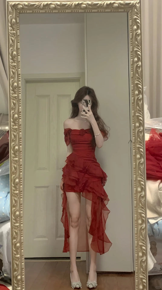 Fashionable Red Chiffon Square Neck Ruffle Summer Holiday Dress RF0599