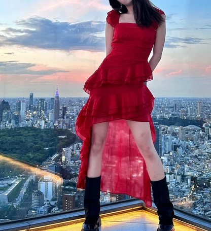 Fashionable Red Chiffon Square Neck Ruffle Summer Holiday Dress RF0599