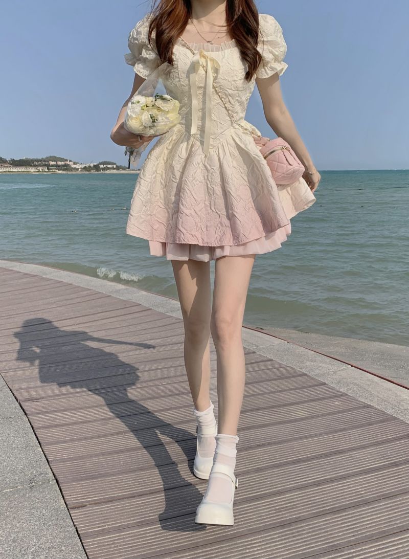 Sweet Gradient Pink Satin A-Line Scoop Short Skirt RF0600