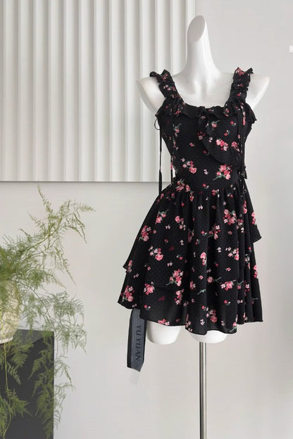 French Black Printed Chiffon A-Line Suspender Skirt RF0601