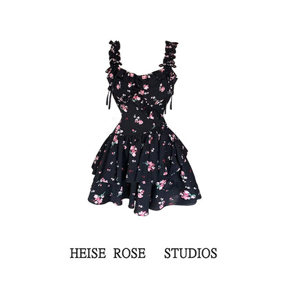 French Black Printed Chiffon A-Line Suspender Skirt RF0601