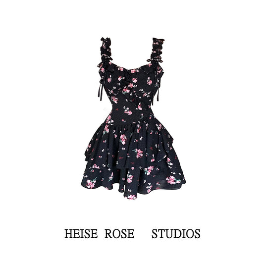 French Black Printed Chiffon A-Line Suspender Skirt RF0601
