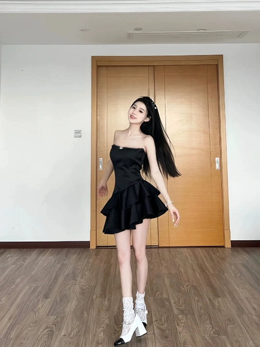 Elegant Black Satin Strapless A-Line French Hepburn Style Birthday Dress RF0603