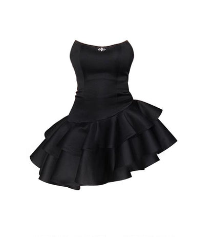 Elegant Black Satin Strapless A-Line French Hepburn Style Birthday Dress RF0603