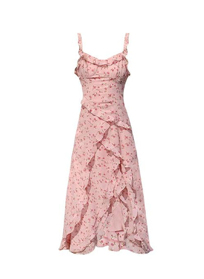 Sweet Pink Printed Chiffon Straps French Tea Length Dress RF0604