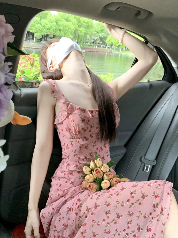Sweet Pink Printed Chiffon Straps French Tea Length Dress RF0604