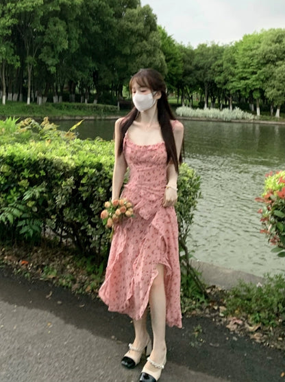 Sweet Pink Printed Chiffon Straps French Tea Length Dress RF0604