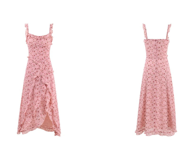 Sweet Pink Printed Chiffon Straps French Tea Length Dress RF0604