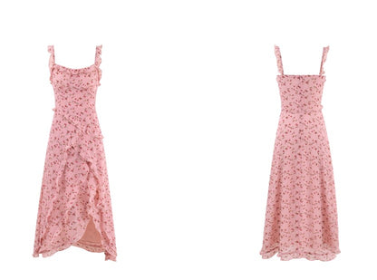 Sweet Pink Printed Chiffon Straps French Tea Length Dress RF0604