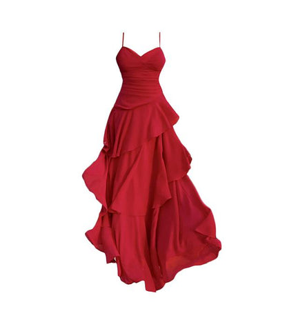 Vintage Red Chiffon A-Line Ruffle Straps Dress RF0605