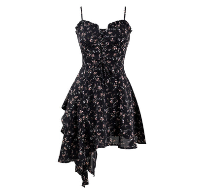 Stylish Black Chiffon Floral Straps Dress RF0606
