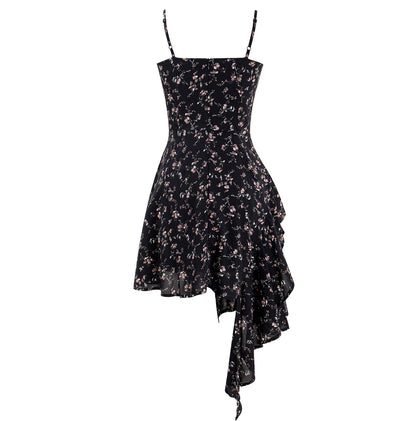 Stylish Black Chiffon Floral Straps Dress RF0606