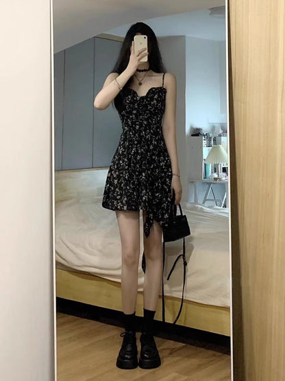 Stylish Black Chiffon Floral Straps Dress RF0606