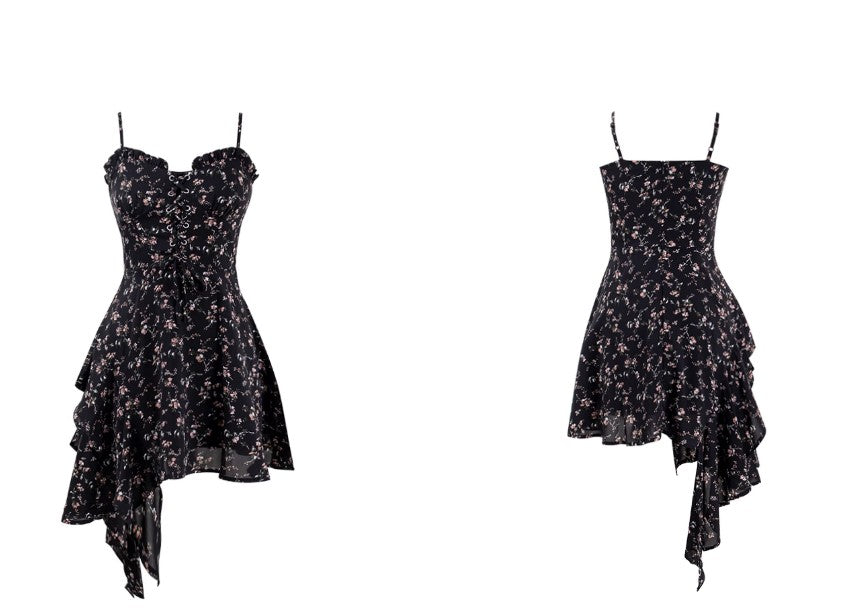 Stylish Black Chiffon Floral Straps Dress RF0606