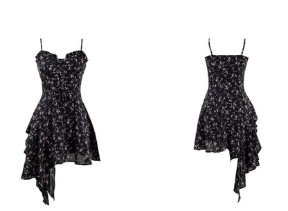 Stylish Black Chiffon Floral Straps Dress RF0606