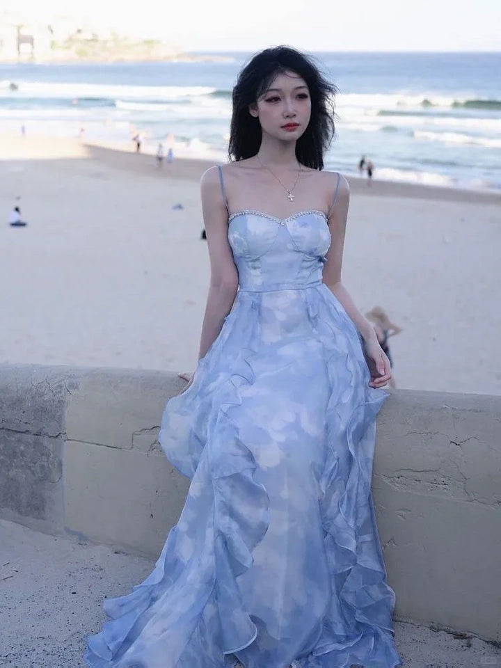 Fairytale Blue Chiffon Straps Ruffle Dress RF0607