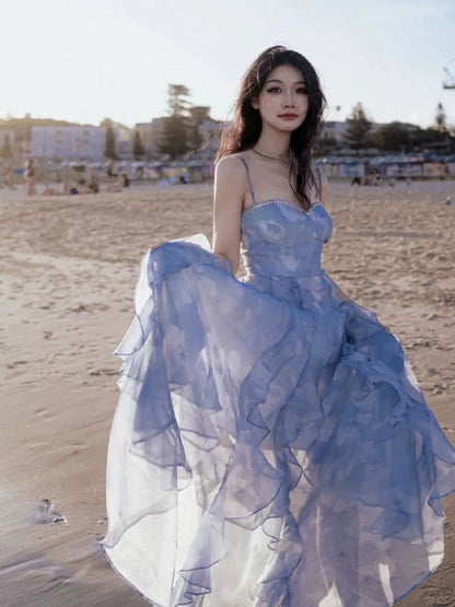 Fairytale Blue Chiffon Straps Ruffle Dress RF0607