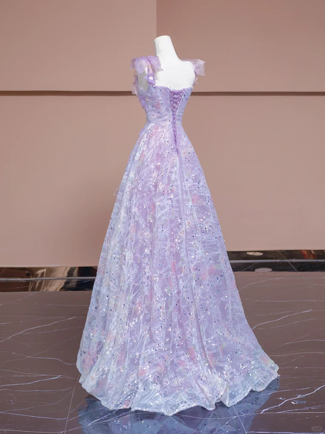 Gorgeous Purple Applique Square Neck A-Line Tulle Long Prom Dresses Sweet 16 Evening Dress  RF0609