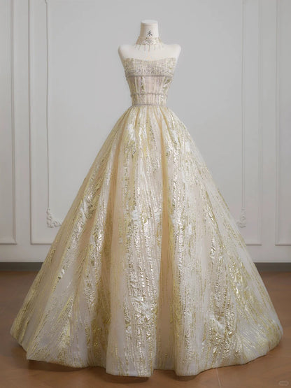 Stunning Gold Strapless A-Line Tulle Sparkling Wedding Dress Formal Evening Dress  RF0610