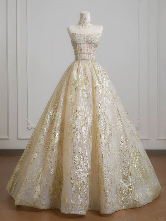 Stunning Gold Strapless A-Line Tulle Sparkling Wedding Dress Formal Evening Dress  RF0610