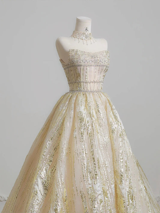 Stunning Gold Strapless A-Line Tulle Sparkling Wedding Dress Formal Evening Dress  RF0610