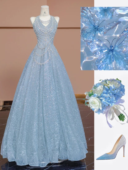 Beautiful Ice Blue V-Neck A-Line Shiny Tulle Formal Evening Dress RF0611