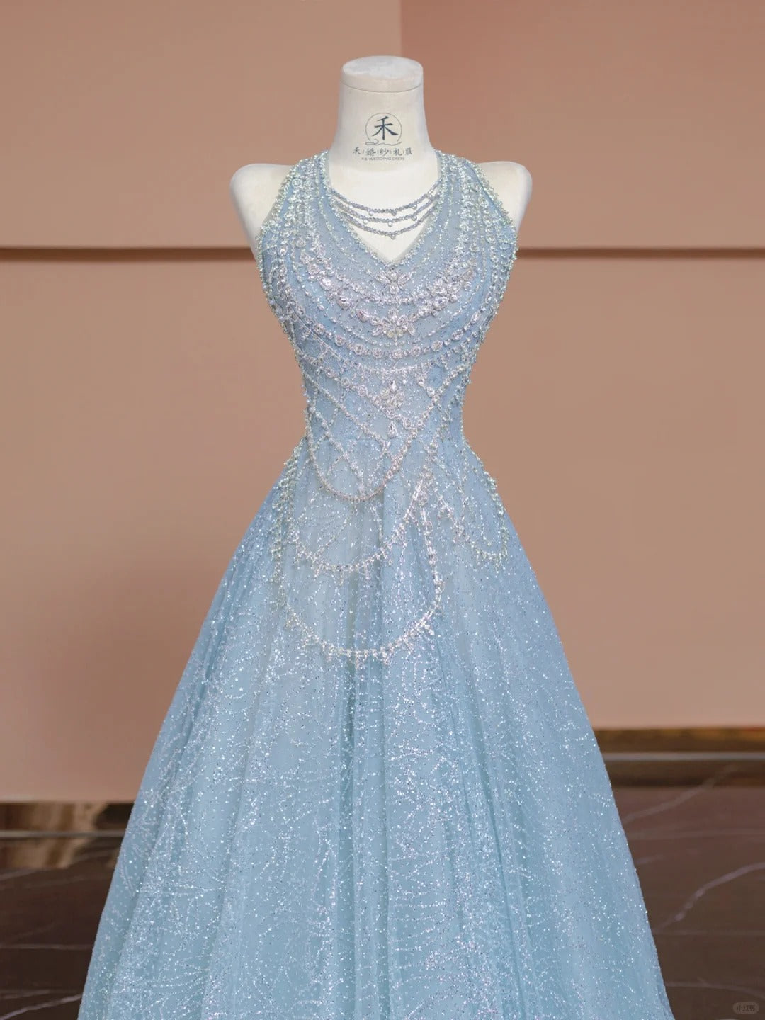 Beautiful Ice Blue V-Neck A-Line Shiny Tulle Formal Evening Dress RF0611