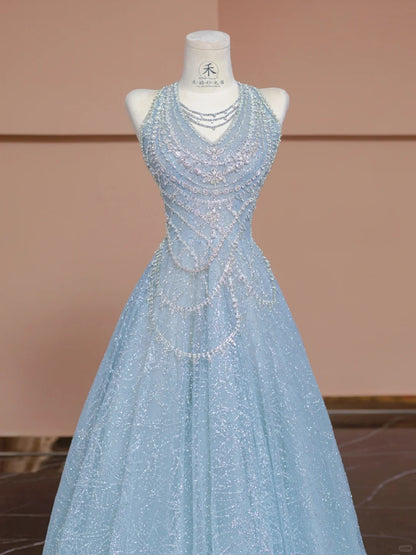 Beautiful Ice Blue V-Neck A-Line Shiny Tulle Formal Evening Dress RF0611