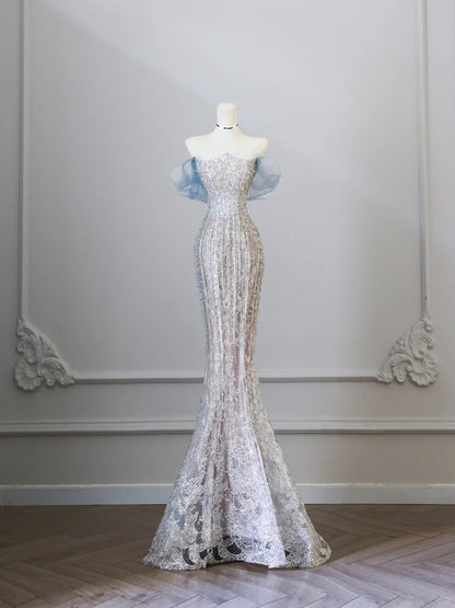 Elegant Silver Off Shoulder Mermaid Prom Dresses Beaded Tulle Evening Gown RF0612