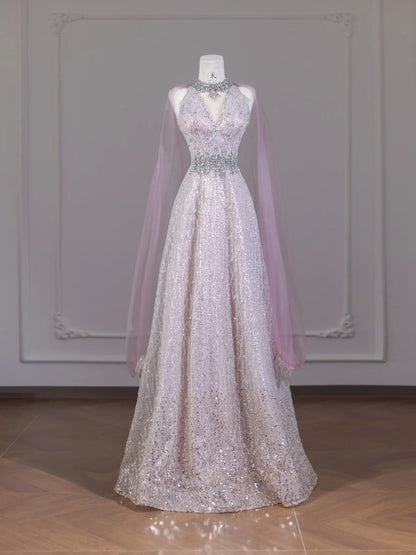 Sweet Pink V-Neck A-Line Sequined Tulle Long Prom Dresses Birthday Evening Dresses RF0613