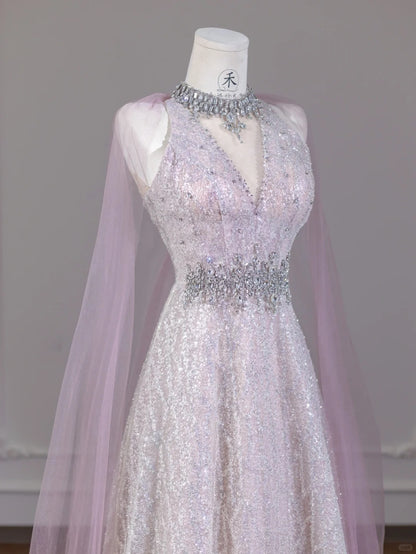 Sweet Pink V-Neck A-Line Sequined Tulle Long Prom Dresses Birthday Evening Dresses RF0613