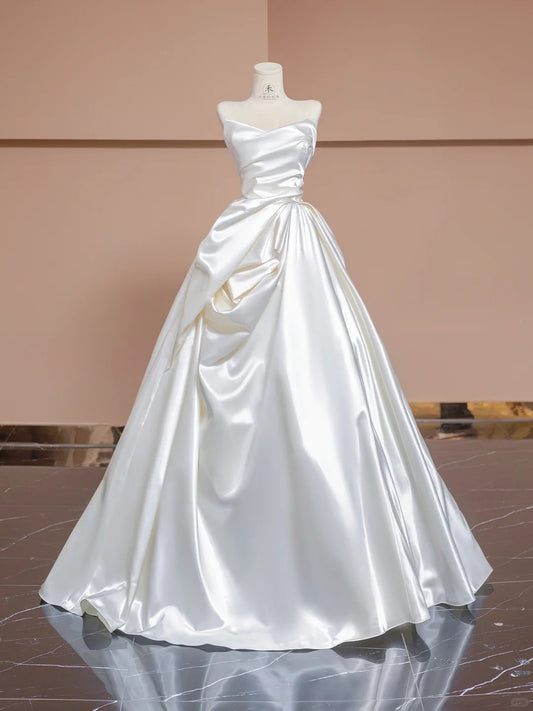Simple White Strapless A-Line Satin Wedding Dress RF0615