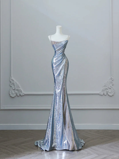 Elegant Silver Spaghetti Strap Mermaid Sequin Long Prom Dresses Formal Evening Gowns RF0616
