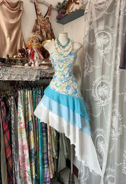 Y2K Blue Printed Chiffon Strapless A-Line Lace Long Prom Dresses Formal Evening Gowns RF0618