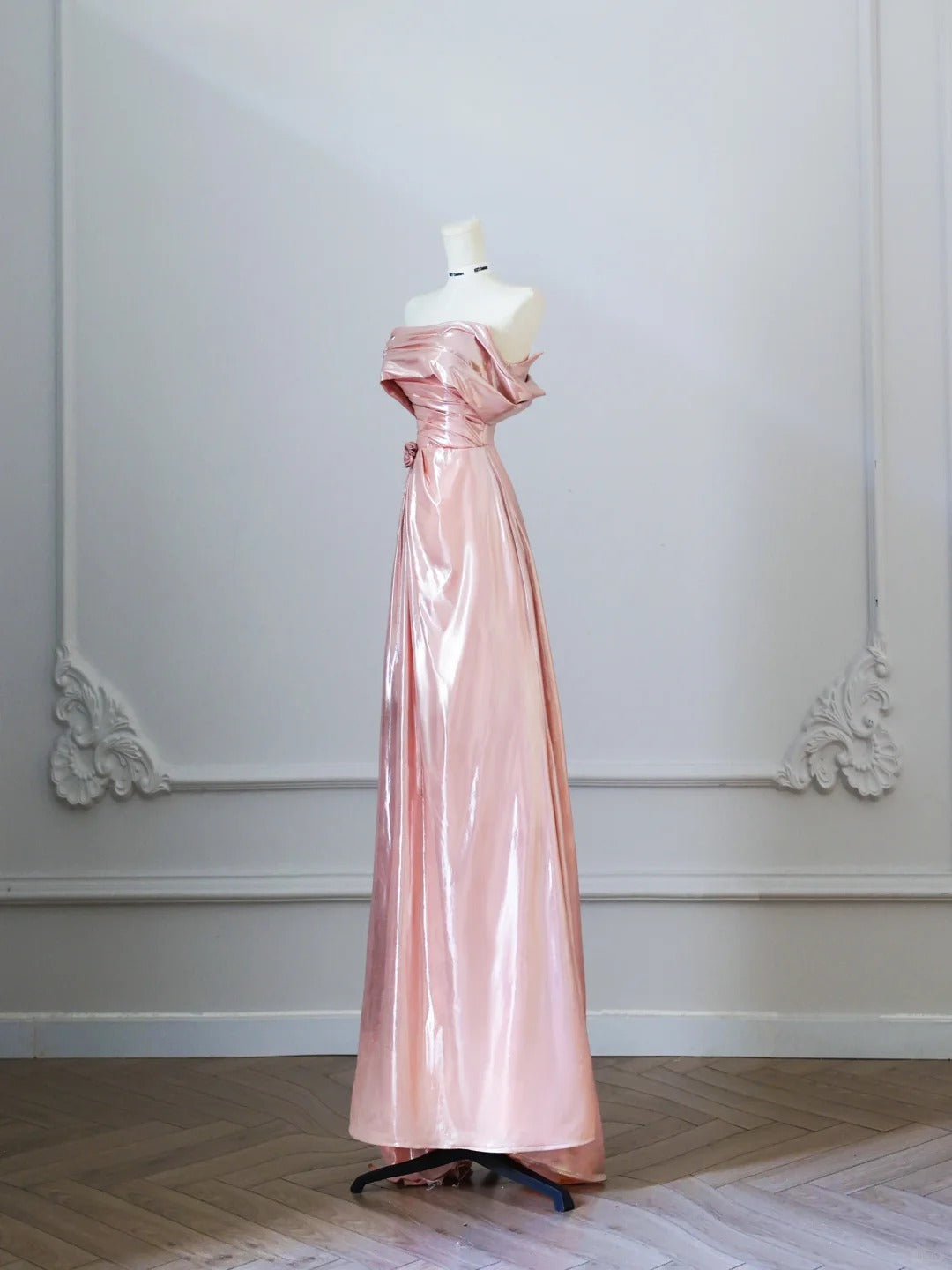 Sweet Peach Off-Shoulder A-Linie Satin Lange Ballkleider Formale Abendkleider RF0620