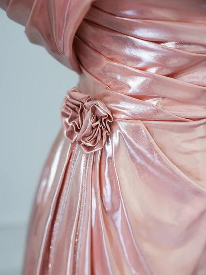 Sweet Peach Off-Shoulder A-Linie Satin Lange Ballkleider Formale Abendkleider RF0620