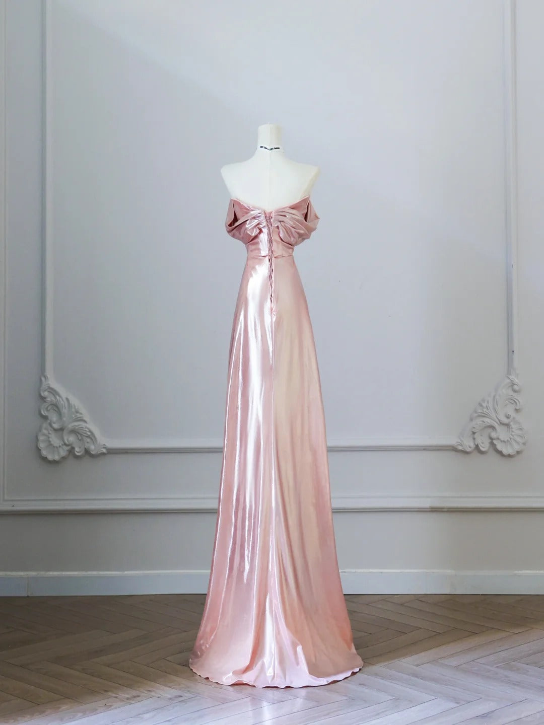 Sweet Peach Off-Shoulder A-Linie Satin Lange Ballkleider Formale Abendkleider RF0620