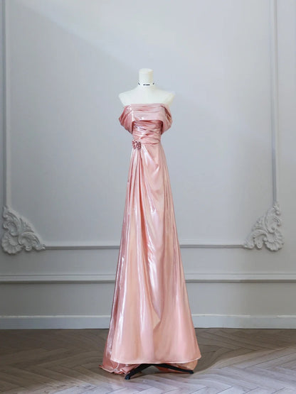 Sweet Peach Off-Shoulder A-Linie Satin Lange Ballkleider Formale Abendkleider RF0620