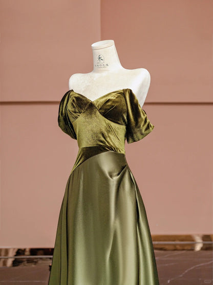Glam Dark Olive Green Off Shoulder Satin A-Line Velvet Long Prom Dresses Formal Evening Gowns RF0622