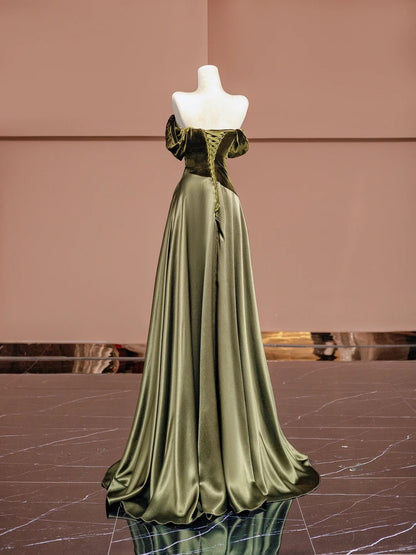 Glam Dark Olive Green Off Shoulder Satin A-Line Velvet Long Prom Dresses Formal Evening Gowns RF0622